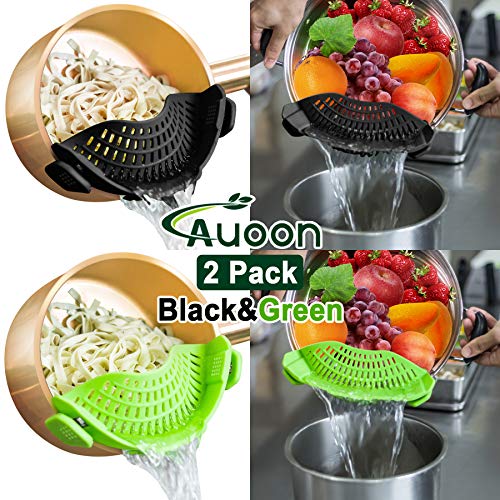 Auoon Clip On Strainer For Pots Pans,2Pack,Heat Resistant Silicone, Easy To Use And Store, Dishwasher Safe,Blackgreen #TOP1