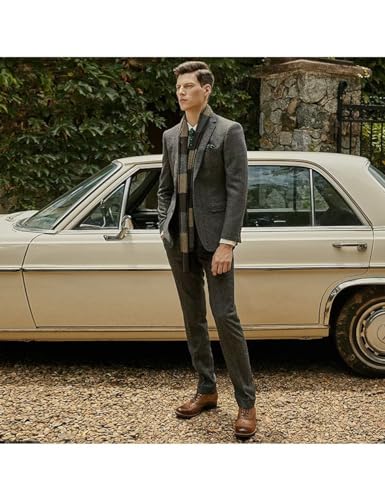 Wangyue Men's Tweed Herringbone 3 Piece Suits Formal Regular Fit Wedding Groom Suits2