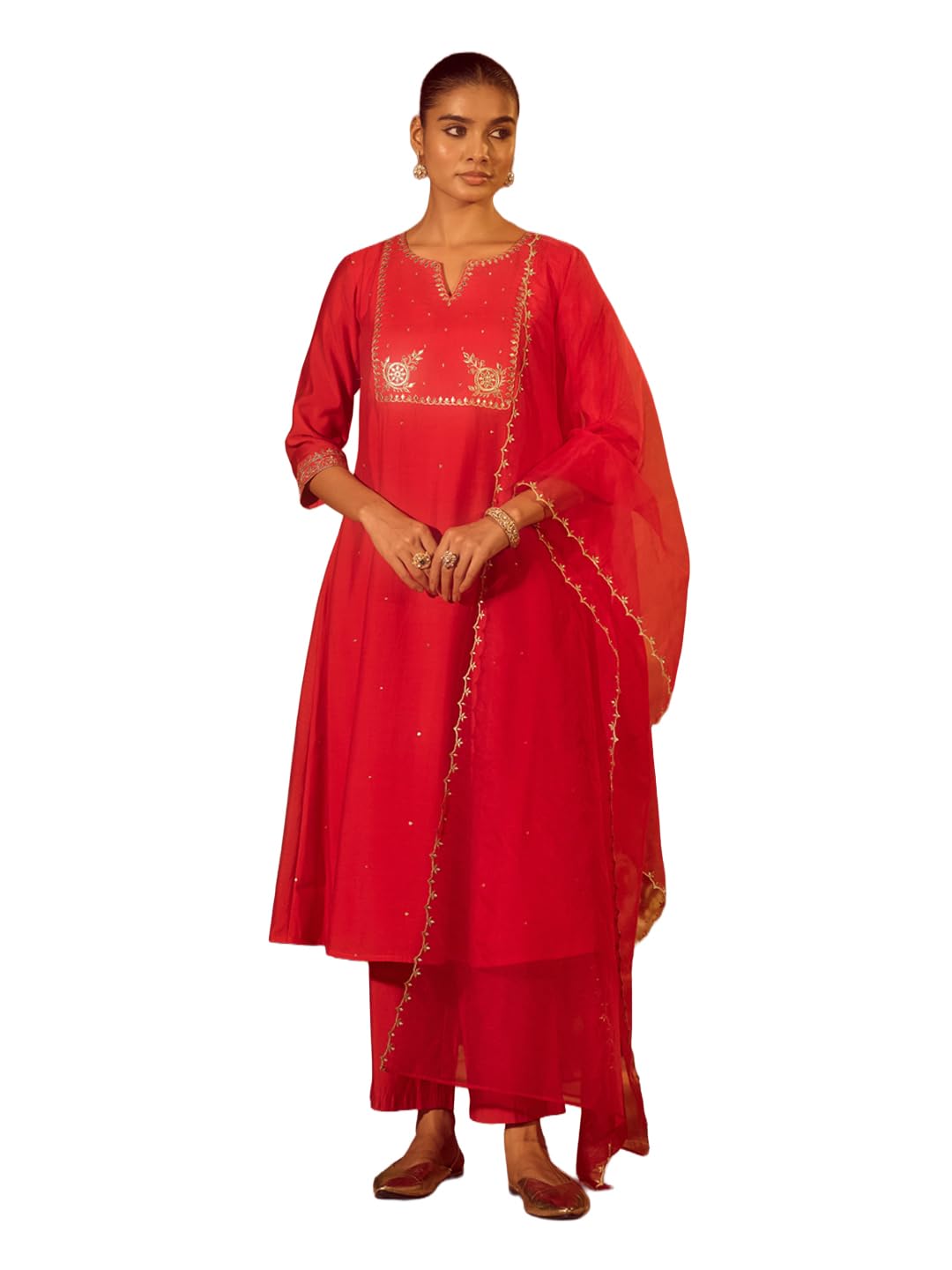 FIORRA Women’s Red Viscose Chanderi Embroidered Ethnic A-Line Kurta Set with Dupatta