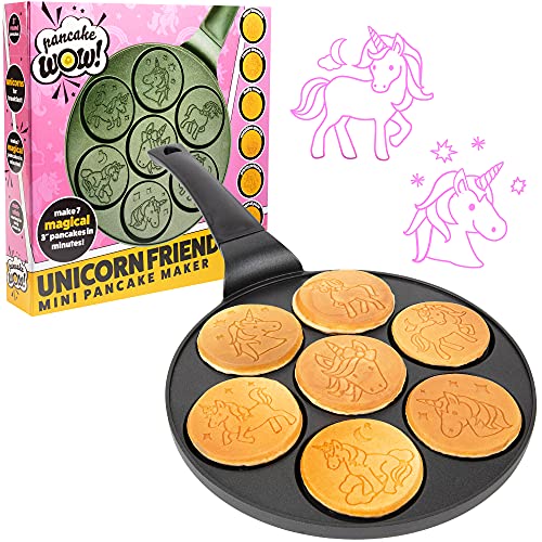 Image of Unicorn Mini Pancake Pan - Make 7 Unique Flapjack Unicorns, Nonstick Pan Cake Maker Griddle for Breakfast Fun & Easy Cleanup | Nonstick Pan Cake Maker Griddle for Breakfast Fun, Easy Cleanup, Long Handle, Girls Magical Dessert Treat, Gift for Kid Party
