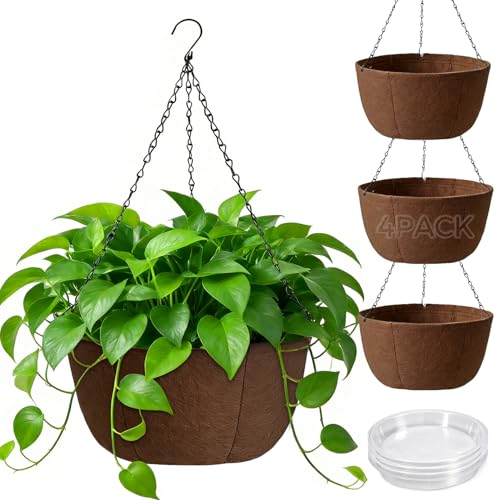 T4U Hanging Baskets Outdoor 4 Pack 25.5cm Breathable Fabric Hanging Plant Pot with Tray to Catch Excess Water Hanging Planter with Rustproof Chains for Growing Flowers & Plants Patio Porch Garden