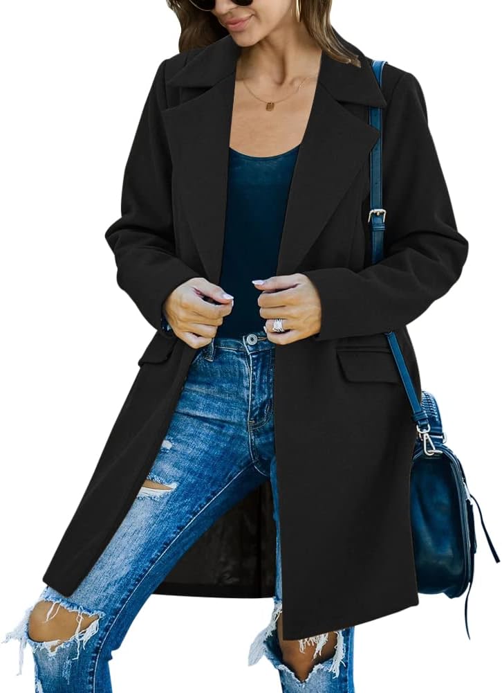 Fazortev women's Pea Coat Notch Lapel Single Breasted Wool Blend Mid Long Jacket Trench Overcoat - Image 2