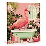 YJIKRTVT Funny Bathroom Pink Wall Decor, Bathtub Pink Flamingo Canvas Wall Art, Funny Jungle Animal Paint Artwork, Home Decor Painting for Restroom Bathroom Toilet 8x10 Inches