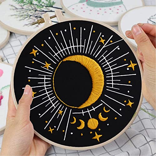 Image of Louise Maelys Tarot Moon Embroidery Kit for Beginners Starry DIY Set | Cross Stitch Kits with Pre-Printed Fabric, Embroidery Hoop, Threads, Needles and Guide. Complete Needlepoint Kit