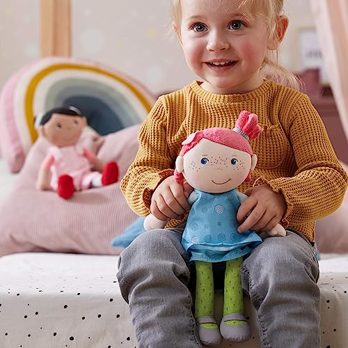 Image of HABA Snug Up Philine - 10 inch Soft Doll with Embroidered Face, Pink Pigtail and Removable Blue Dress - Machine Washable - Perfect First Doll and Stuffed Cuddle Companion for 18 Months and Up