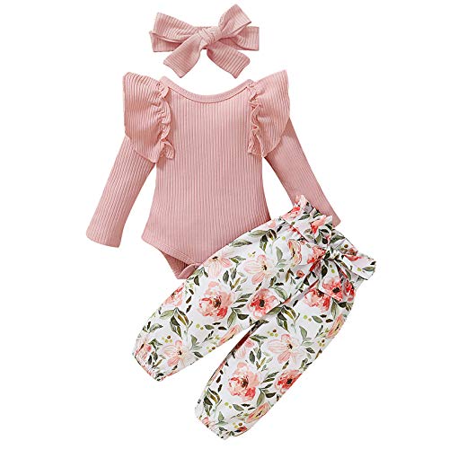 Newborn Baby Girl Clothes Outfits Infant Romper Ruffle Onsies Floral Pants Headband Cute Toddler Baby 3pcs Clothes Set (3-6 Months, Pink)