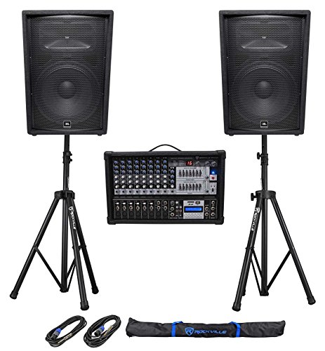 (2) JBL Pro JRX215 15" 2000w PA/DJ Speakers+Powered 12-Channel Mixer+Stands