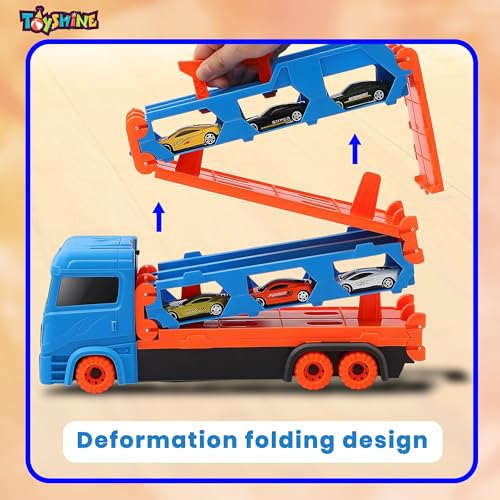 Image of Toyshine Big Hauler Storage & Deform Transport Truck Toy with 2 Foldable Ejection Race Track & 2 Pc Die cast Cars for Kids Boys Girls 3+ Years