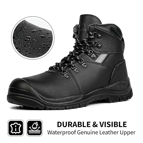 Steel Toe Work Boots for Men – Waterproof Leather, Slip Resistant, Shock Absorbing, Breathable Safety Boots for Construction, Industrial, Warehouse Use3