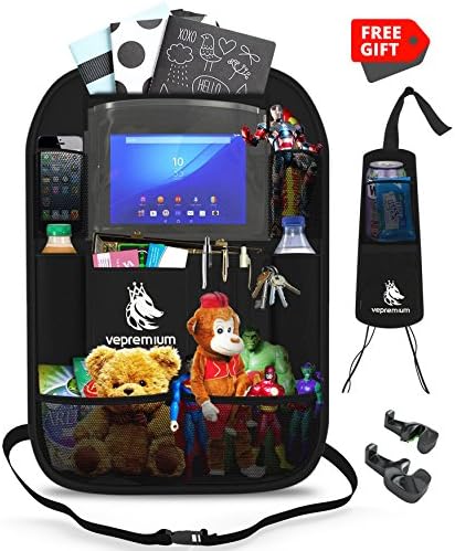 Vepremium Car Seat Organizer by Premium Quality Backseat Organizer, Multipocketed, Durable Storage Bag With Built-in iPad/Tablet/DVD Holder – Comes With A Side Seat Organizer & Two Headrest Hooks