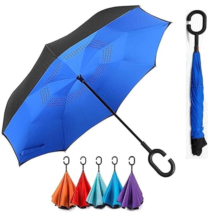 Inverted Reversible Folding Umbrella with C-Shaped Handle for Hands-Free Use – Windproof and Waterproof Double Layer Umbrella with UV Protection, Anti-Drip Inside Out Folding Design for Men and Women – Perfect for Office , Car, Travel & Daily Use (Multicolor)-image-48