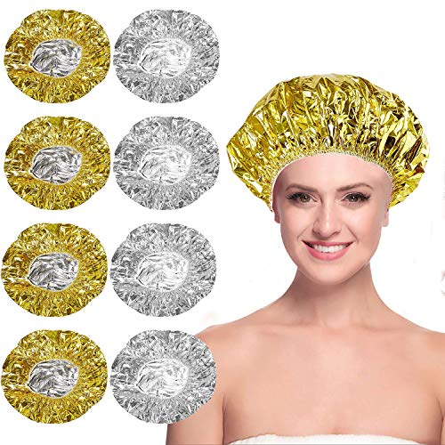 Lainnrrew 8 Pcs Shower Caps, Aluminum Foil Deep Conditioning Caps Waterproof Hair Processing Caps Heat Caps Hair Dye Cap for Hair Thermal Treatment, Home Salon Spa Use
