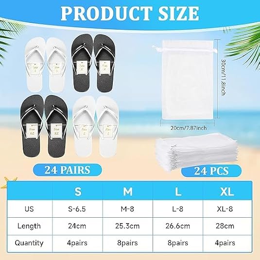 MSYU 24 Pairs Flip Flops for Wedding Guest, Slippers Hotel Guest Spa Slippers Wedding Party Favors Flip Flops with Size Cards & Drawstring Bags for Spa, Pool Party, 4 Sizes