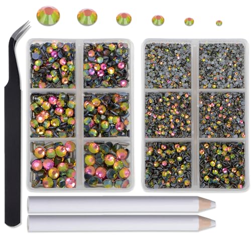 8000pcs Hotfix Rhinestones Flatback,Rhinestones for Crafts Clothes Mixed 6 Sizes, Hotfix Crystals with Wax Pencil Kit, SS4-SS30,Vitrail Medium