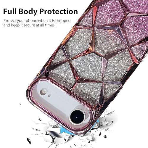 Image of VONZEE Gradient Glitter Back Cover Case Compatible with iPhone 17 Air, Luxury Electroplated 3D Cube, Diamond Bling Shiny Soft TPU Clear Shockproof Women Girls Protective Phone Cover (Rose Gold)
