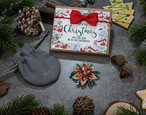 RareLove Vintage Christmas Poinsettia Brooch, Red with Green Leafs Poinsettia Flower Wreath CZ Rhinestone Crystal Christmas Pins and Brooches for Women Girls Silver Plated Alloy,Holiday Jewelry3