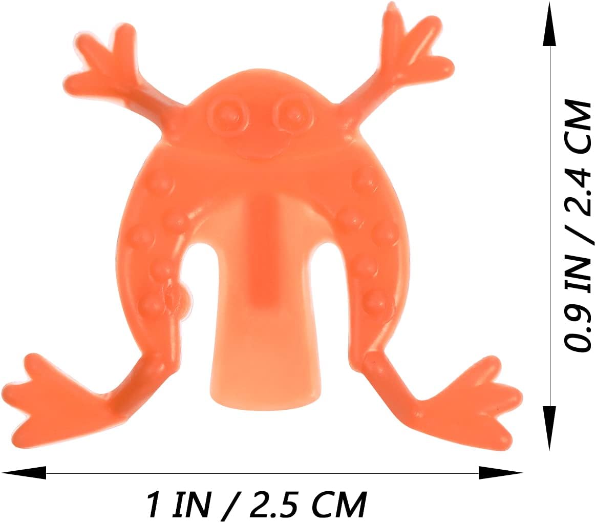 A single orange plastic jumping frog with dimensions indicated: 1 inch (2.5 cm) wide and 0.9 inches (2.4 cm) tall.