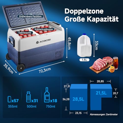 AAOBOSI Kompressor Kühlbox 50 L, Kühlbox Auto Mit APP-Steuerung, 12/24 V und 100-240 V Kühlbox Elektrisch, bis -20 °C für Auto, LKW, Boot, Reisemobil, Camping, Dual Zone und Zwei Temperaturen