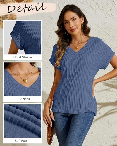 3 Pack Women Short Sleeve Sweaters 2025 Summer V Neck Tops Casual Shirts Loose Fit Lightweight Dressy Business3