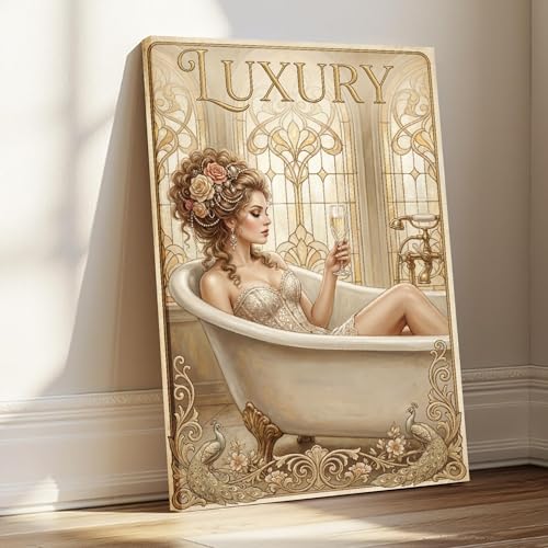 ZUSD Luxury Bath Canvas Art Gold Tone Elegant Woman In