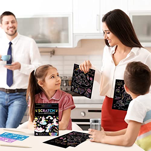 Kireida 9 Bögen Kratzbilder für Kinder, Farbiges Einhorn Kratzpapier, 1 Holzstifte, Bastelgeschenk für Kinder Ab 3 Jahren, Mädchen, Jungen, Geburtstag, 14 x 19 cm