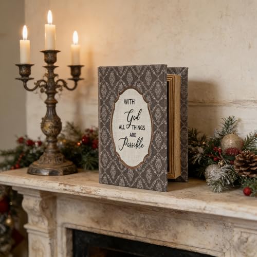 PARISLOFT Wooden Book-Shaped Storage Box with Fabric Cover - Printed Floral Design, Antique Book Box for Home Office Shelf, Inspirational Gift (With God All Things Are Possible)