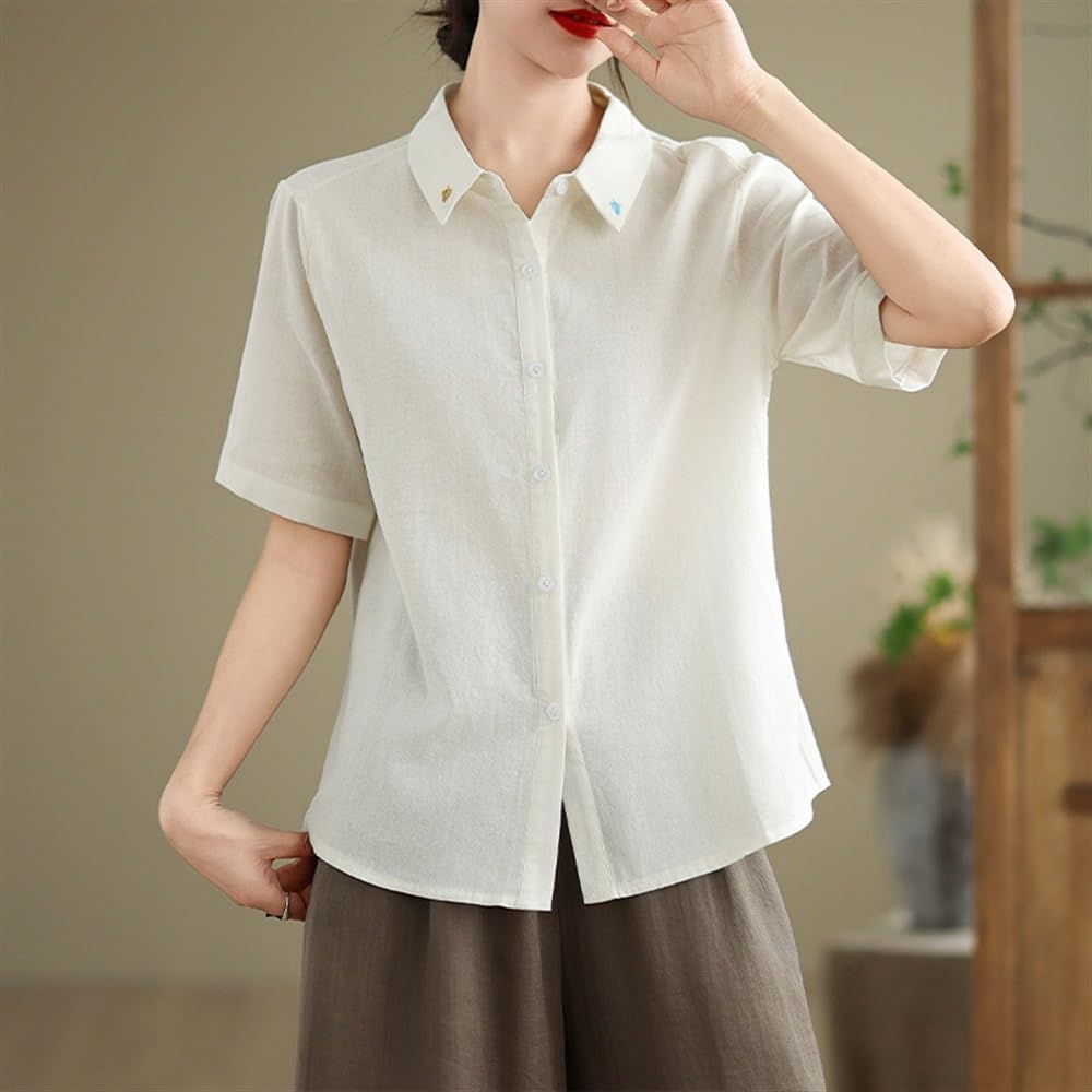 Size3XL -Women's Fashion Solid Button Down Shirts Lapel Short Sleeve Casual Cotton Linen Blouse Summer Cool Comfort Tops