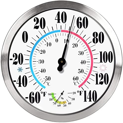 12'' Indoor Outdoor Thermometer Hygrometer - Premium Steel Outdoor Thermometer Large Numbers, Hanging Wall Thermometer Hygrometer for Home, Garden, Patio (No Battery Required)
