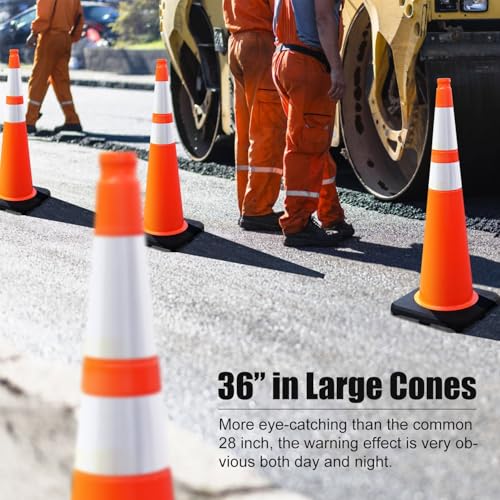 OranLite 6 Pack 36" Inch Large-Sized Orange PVC Traffic Cones, Heavy Black Base, Parking Lot Cones Structurally Stable Weatherproof Road Construction Safety Cones (6, Orange, 36" Extra Large)