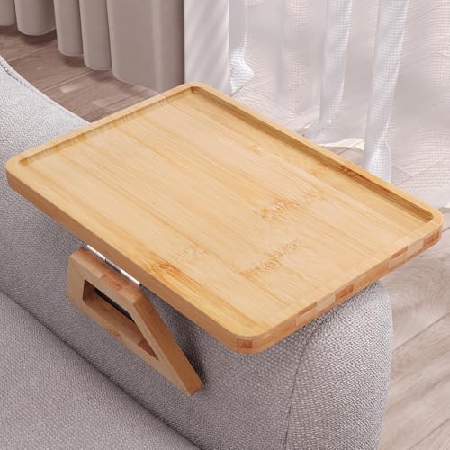 Danfoxer Couch Arm Tray Bamboo Folding Sofa Tray Sofa Armrest Trays Clip-On Couch Desk for Drinks Snacks Phone Remote ControlNatural