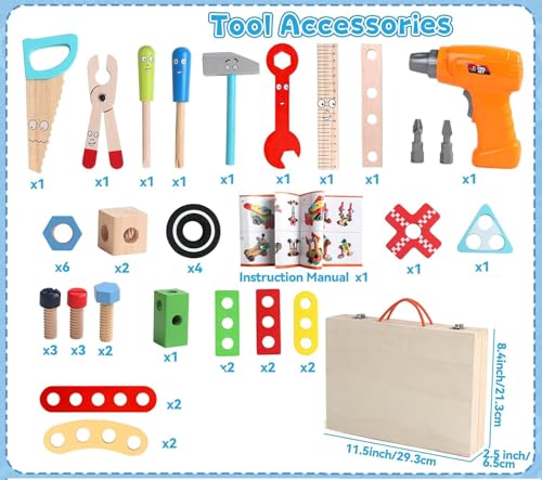 Image of SAMVARDHAN 44Pcs Wooden Tool Kit Set for Kids with Electric Drill & Carry Case - Montessori Construction Toy Kit with Tools, Nuts & Bolts, Educational Building Set for Boys & Girls (3+ Years)