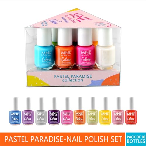 Image of MNL Natural Glossy Mini Nail Polish Set Makeup Stylish Pastel Paradise Pack of 10 pcs combo Non-Toxic, Highly Pigmented Long-Lasting Chip-Resistant Vegan, Quick Dry & Cruelty-Free Easy(4.5ml) Each