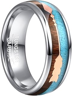 Vakki Rose Gold Arrow Tungsten Ring for Men Koa Wood and Turquoise Inlay 8mm Silver Wedding Band Size 7-12