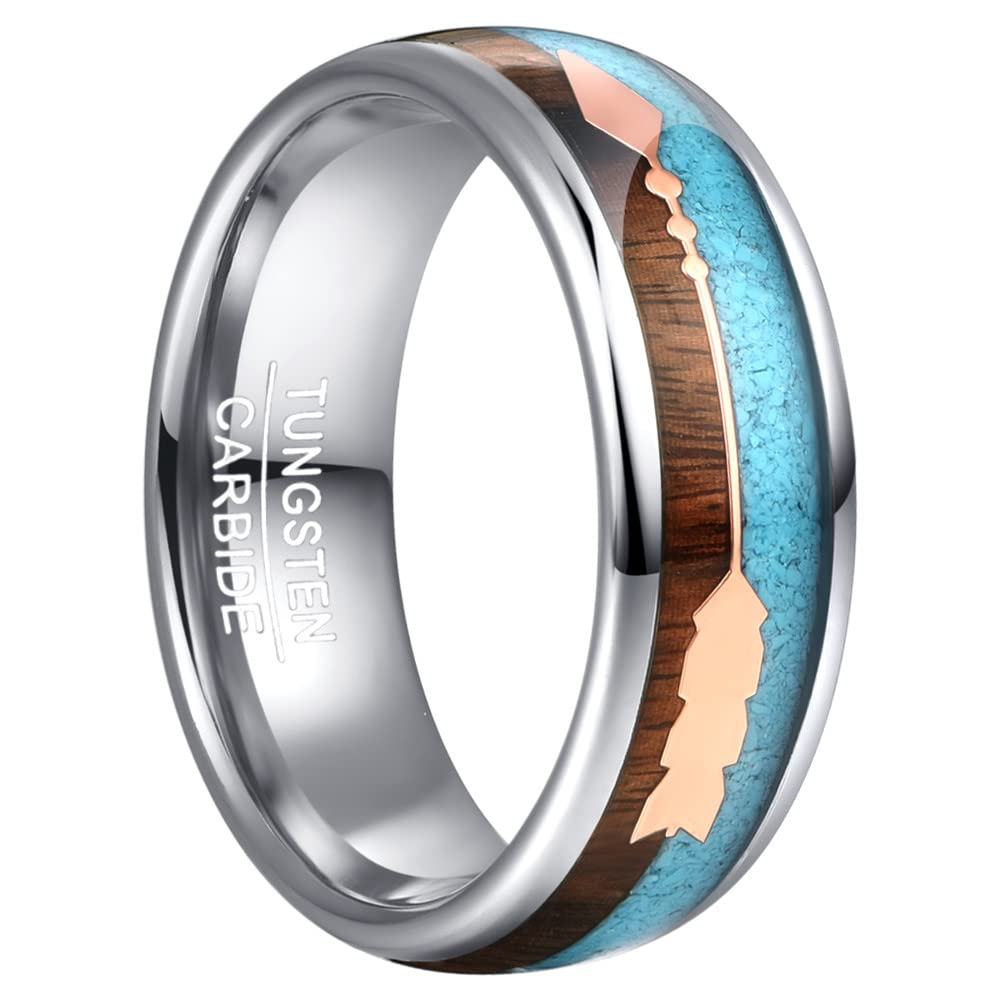 Vakki Rose Gold Arrow Tungsten Ring for Men Koa Wood and Turquoise Inlay 8mm Silver Wedding Band Size 7-12
