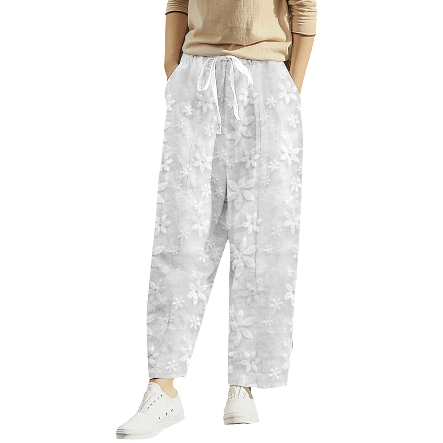 YOLAI Womens Flowers Lace Embroidery Pants Casual Loose Cotton Linen Trousers Elastic Waist Drawstring Trousers White XL