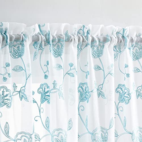 Image of Sheer Curtains Floral Embroidery Blue 84 Inch Long Rod Pocket Lace Drapes for Living room, Bedroom, 2 Panels, 52 inchx84 inch, Semi Voile Pattern Outdoor Window Treatment Sets for Yard, Patio, Villa, Parlor.
