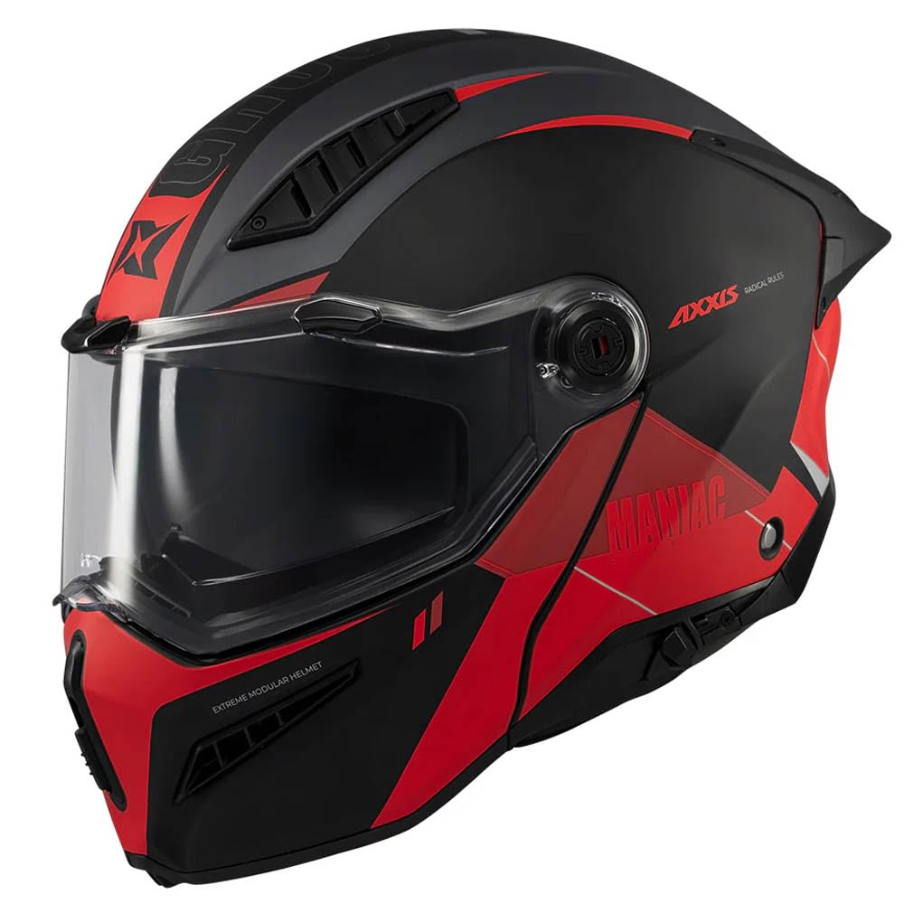 AXXIS Ghostfighter SV Maniac Negro Rojo Mate - Casco de Moto Modular Abatible Diseño Streetfighter con Visor Solar - Unisex Hombre y Mujer - Homologado P/J ECE 22.06