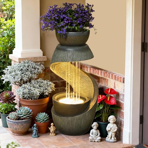 Sunlinua 31.9" S-Shaped Water Outdoor Fountain–Modern Cascading Waterfall Feature with