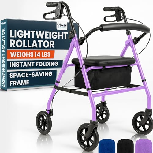 Vive Ultra Lightweight Rollator Walker with Seat - Foldable, Narrow, Rolling Senior Walker for Small Spaces - 4 Wheel Aluminum Adult Easy Drive Aid with Underseat Accessory