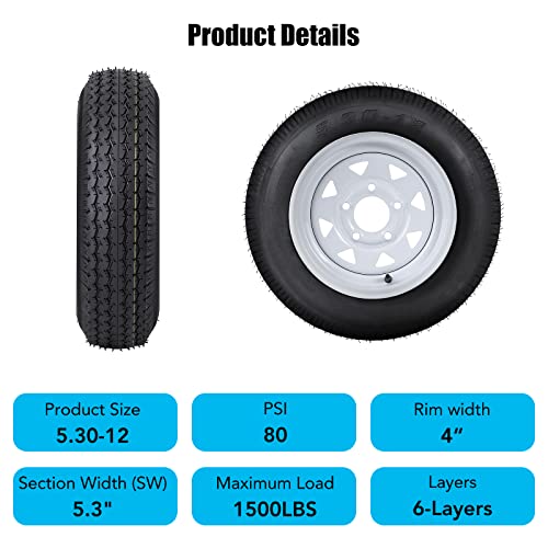 Image of 5.30-12 5.30x12 530-12 5.30-12 Trailer Tires with 12 inch Rims, 5 Lug on 4.5 inch, Load Range C, 6PR