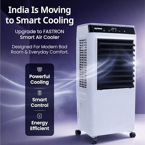 Image of FASTRON Air Cooler with Remote and Touch Panel, Ideal for 150Sq ft Room, 100W Power, Powerful Air Throw, LED Display & Top Ice Chamber, Auto-Swing, 3-Speed, 2 Year Motor Warranty (50 Litre)