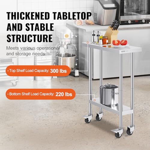 Image of VEVOR Stainless Steel Work Table 30 x 12 x 38 Inch, with 4 Wheels, 3 Adjustable Height Levels, Heavy Duty Food Prep Worktable for Commercial Kitchen Restaurant, Silver