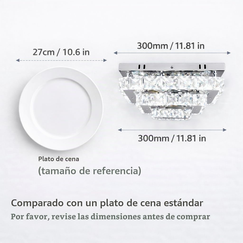 Finktonglan Plafón LED de cristal K9 rectangular 30×23×11 cm, 24 W 6500 K (blanco frío), semiempotrado de acero inoxidable para salón, dormitorio y comedor