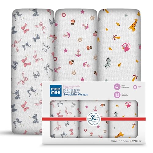Image of Mee Mee 100% Muslin Cotton Baby Swaddle Wrappers Set (PK-3)| Baby Towel| Soft, Quick-Drying & Highly Absorbent Blanket | Printed Mulmul Swaddle Cloth,Newborn Essentials (Multicolour, 120x100 cm)