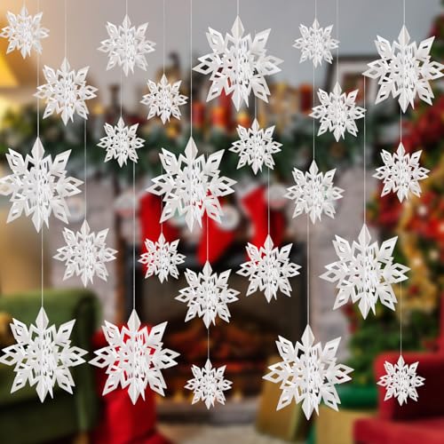 Crafare 18 Pieces Paper Winter Christmas Hanging Snowflake Decorations 3D Large White Snowflakes with String 6 inch, 8 inch10 inch,for Christmas New Year's Party Frozen-Themed Birthday Celebration