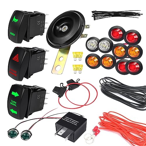 Universal ATV U-T-V SXS Turn Signal kit, with 120DB Horn Turn Signal Light Rocker Switch Flasher Relay Fuse Wire Fits for Pol-aris RZR Kaw-asaki TER-yx Tal-on and More