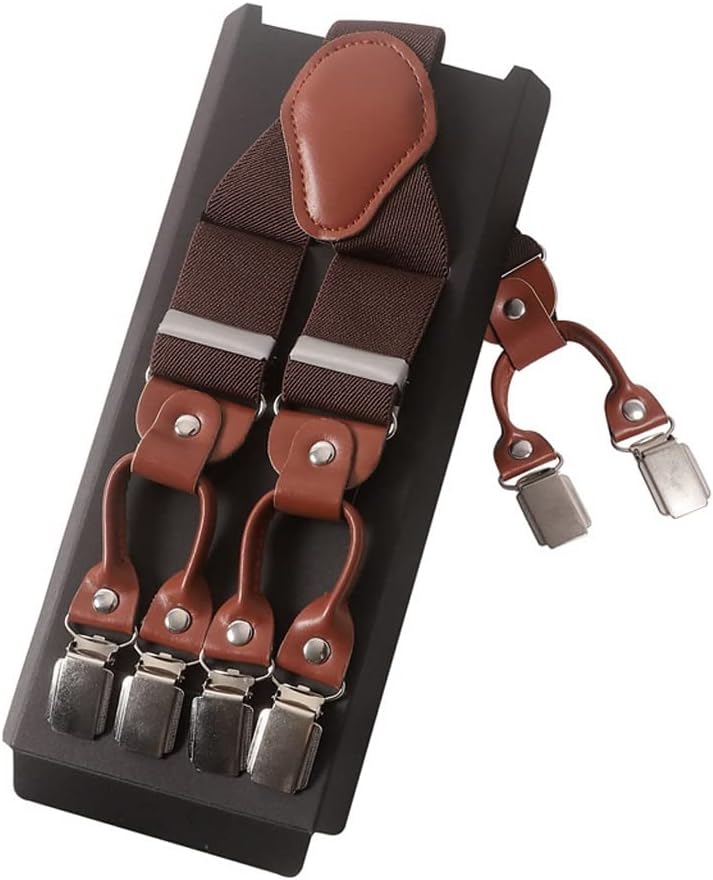 Men Suspenders Brown Leather 6 Clips Braces Vintage Unisex Casual Trousers Strap Wedding Accessories
