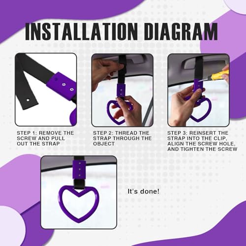 Image of 2PCS Heart Shaped Car Handle Straps, Rear Bumper Warning Keychain Ring for Car Exterior Accessories (Purple)