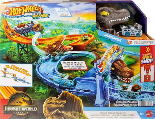 Image of Hot Wheels Toy Car Track Set, RacerVerse Jurassic World Crash & Splash Playset with Die-Cast Velociraptor Vehicle, Dinosaur Race with Spinosaurus