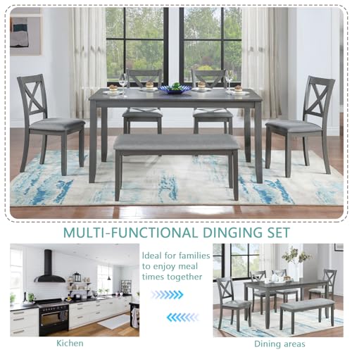 Image of Harper & Bright Designs 6-Piece Dining Table Set with 4 Upholstered Chairs & Bench, 58.5 inch Rectangular Solid Wood Frame Table, Dining Table Set for 6 People, Living Room, Home Bar and Kitchen,Grey